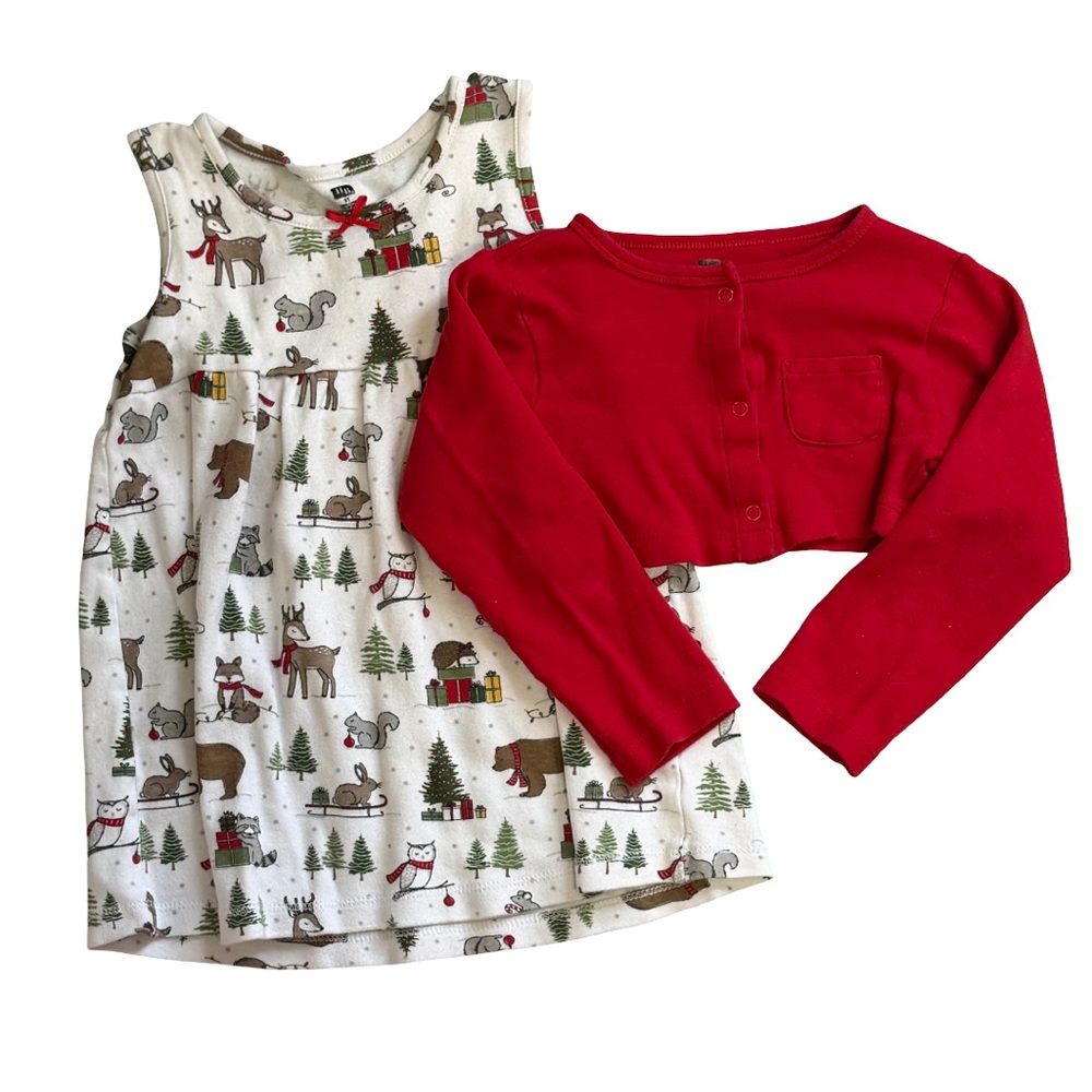 Girls Red Cardigan and Holiday Print Dress Set - Picture 5 of 6